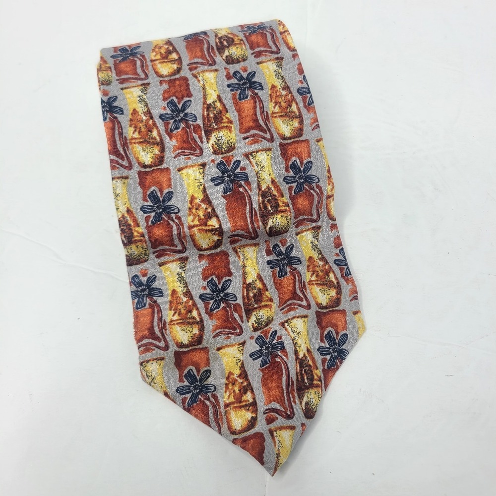 Ermenegildo Zegna 100% Silk Tie Gray Gold Brown Pottery Vases Floral Novelty Art